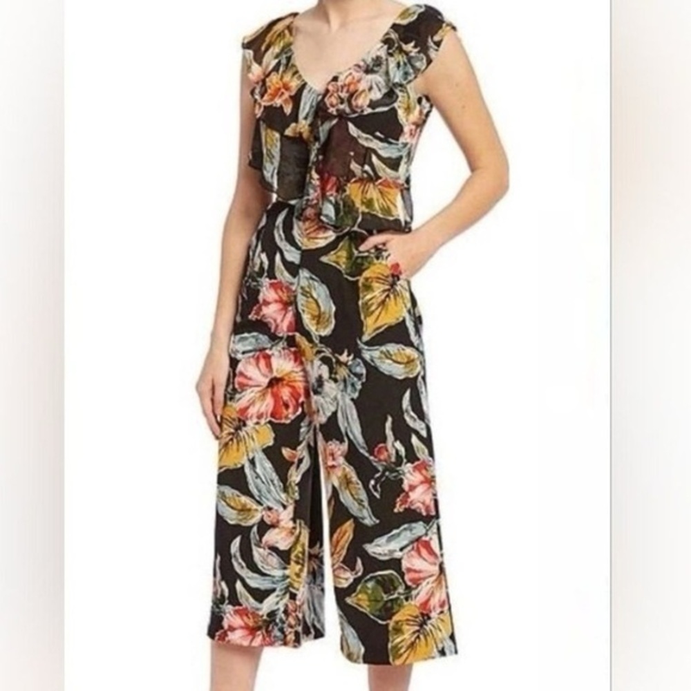 Alex Marie Black Floral Tropical Miranda Cropped Leg Jumpsuit Sz. 2